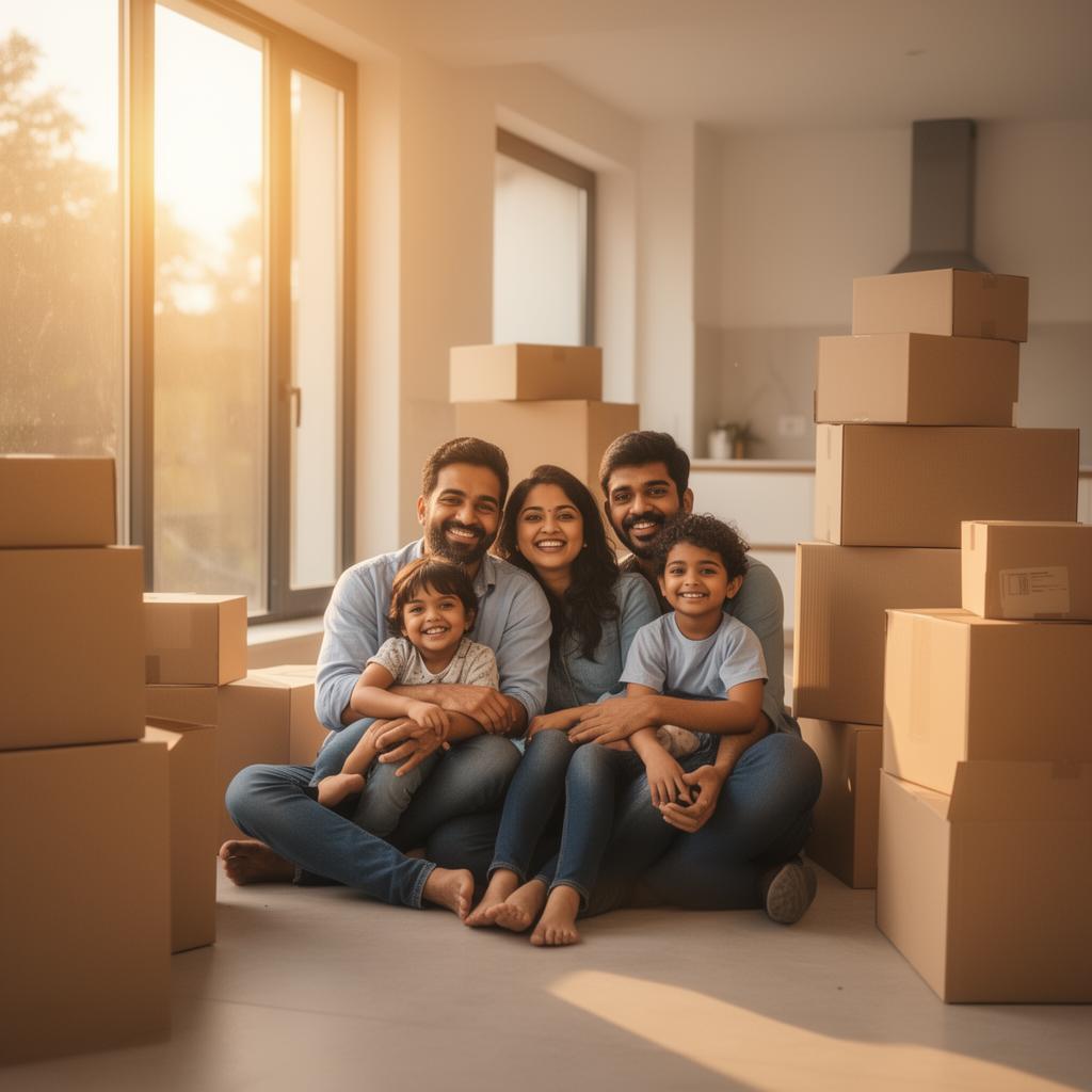 Happy family with movers
